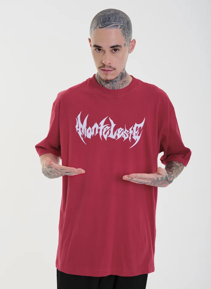 Camiseta Oversized Estampada Tribal - Vermelho Vermelho Escuro
